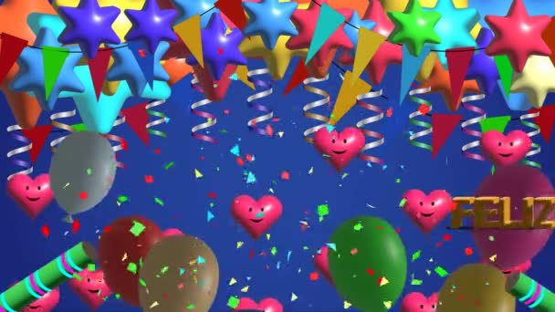 ポルトガル人の幸せな誕生日花火ビデオグリーティングカード フェリス アニバーサリオ メッセージング ポルトガル語 ハッピーバースデーからの翻訳 現代ベクターのブラシの書道 風船が付いている誕生日パーティー 幸せなテキスト — ストック動画