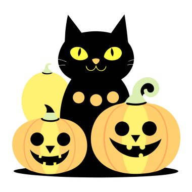 Cadılar Bayramı Kedisi ve Kabak Vektörü Sanat Çizimi Ürkütücü ve Şirin Tatil Tasarımı