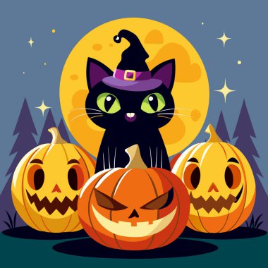 Cadılar Bayramı Kedisi ve Kabak Vektörü Sanat Çizimi Ürkütücü ve Şirin Tatil Tasarımı