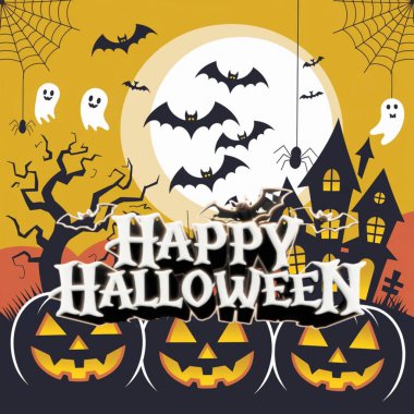 Cadılar bayramı arka planında balkabakları, cadı, yarasalar ve örümcekler var. vektör