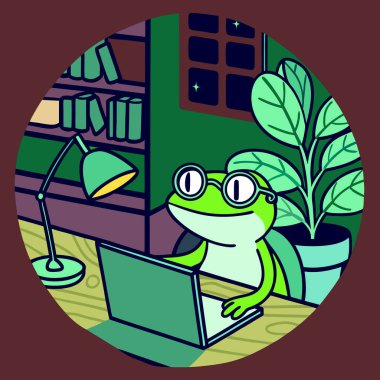 Cam takan ve dizüstü bilgisayar izleyen şirin bir kurbağanın karikatür tarzı görüntüsü.