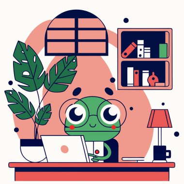 Cam takan ve dizüstü bilgisayar izleyen şirin bir kurbağanın karikatür tarzı görüntüsü.