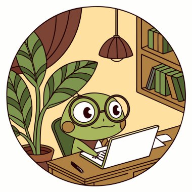 a cartoon style image of a cute frog wearing glass and watching laptop clipart