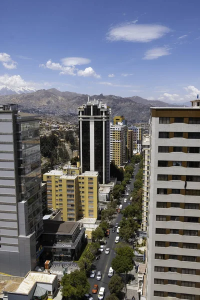 La Paz şehrinde ağaçlarla kaplı binalar ve caddeler.