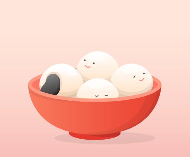 Bir kase dolusu şen şakrak ve sevimli ifadeli pirinç topu ve maskotlar Asya 'da yapış yapış pirinç tatlısı Fener Festivali veya Kış Gündönümü için geleneksel Dim Sum