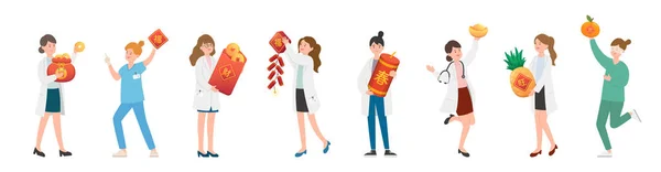 看護師や医師や科学者や中国の旧正月の要素を持つ医療専門家の女性チーム 中国語の翻訳 お金と祝福 — ストックベクタ