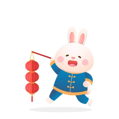 Kırmızı fenerli şirin tavşan karakteri veya maskotu, Çin Yeni Yılı veya Fener Festivali veya Kış Gündönümü, Asya 'da geleneksel festival ve kültür