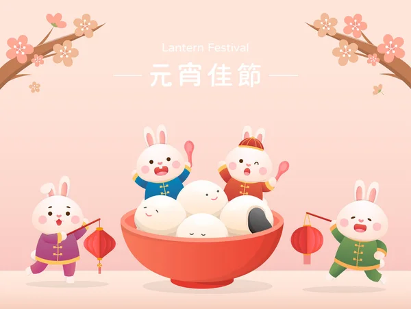 Cute Rabbit Character Mascot Lantern Festival Winter Solstice Glutinous Rice — Stock Vector