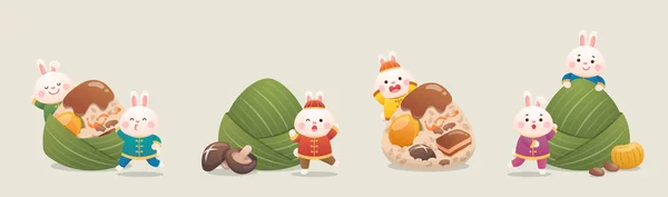 4 çeşit şirin tavşan ve Çin Ejderha Teknesi Festivali geleneksel yemek Zongzi, bambu yapraklarına sarılmış glutinous pilavı