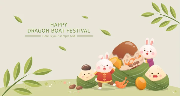 Festival Barco Dragão Chinês Cartaz Com Coelho Bonito Mascote Zongzi — Vetor de Stock