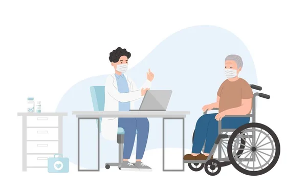 在医生办公室为有轮椅的男性病人提供医疗咨询或诊断治疗 医疗概念 护理及医护人员服务 — 图库矢量图片