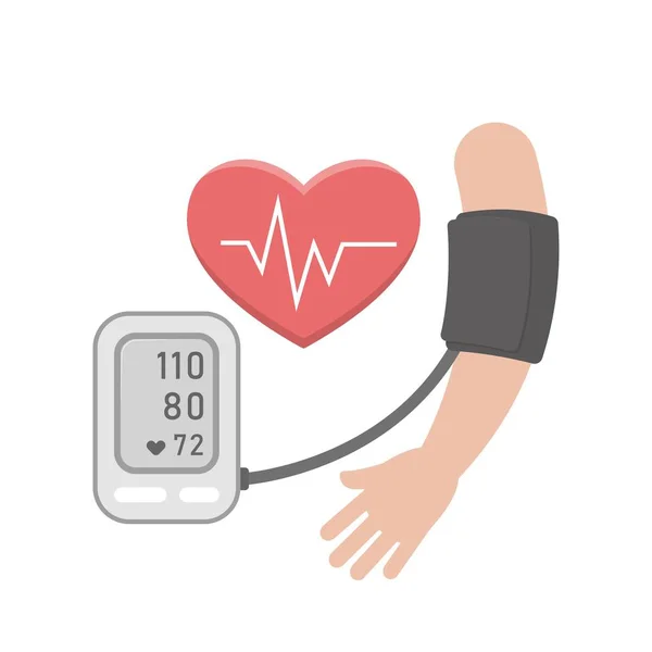 stock vector Vector cartoon icon of measuring blood pressure, sphygmomanometer with heartbeat and arm