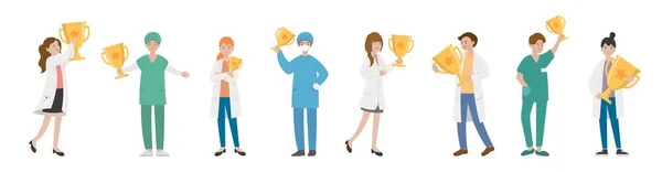 Paramédicos Combinação Homem Mulher Médico Médico Trabalhador Com Troféu Desenho —  Vetores de Stock