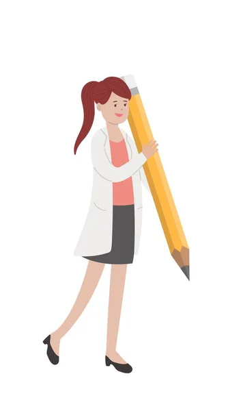 白い背景に隔離された鉛筆を保持する女性救急医療従事者 漫画の漫画のベクトル文字 — ストックベクタ