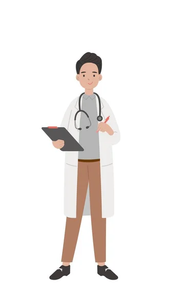 男医生医务工作者 根据白人背景 漫画中的漫画书和诊断书 — 图库矢量图片