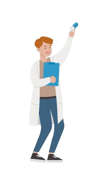 白地に隔離された診断書や薬と情報本を持つ男性医師医療従事者 漫画の漫画のベクトル文字 — ストックベクタ