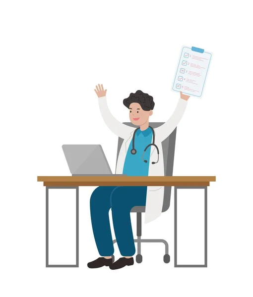 男性医師医療従事者 コンピュータと白い背景に隔離された診断書と 漫画の漫画のベクトル文字 — ストックベクタ