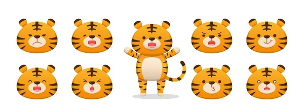 Bonitos Personagens Tigre Com Emoticons Personagens Mascotes Personagens Desenhos Animados — Vetor de Stock