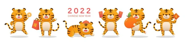 Cute Tiger Characters Chinese New Year Emoticons Emotions Roles Mascots — Stock Vector