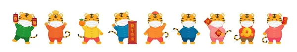 九种可爱可爱的老虎形象亚洲农历新年风尚元素及口罩 — 图库矢量图片