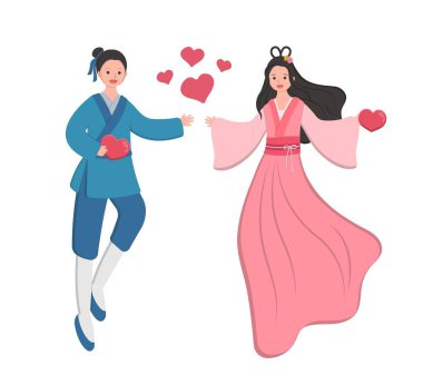 Asya, Doğu ve Çin 'de Sevgililer Günü: Tanabata, Cowhere ve Weaver Kızı' nın efsanevi karakterleri, çizgi film çizgi roman çizgi romanı vektör karakterleri.