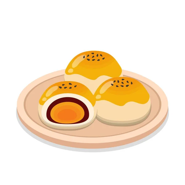中国の月餅の半分 食べ物のイラスト 卵の黄身から作られたデザート 中秋節のデザート ベクトルのイラストのアイコン漫画孤立 — ストックベクタ