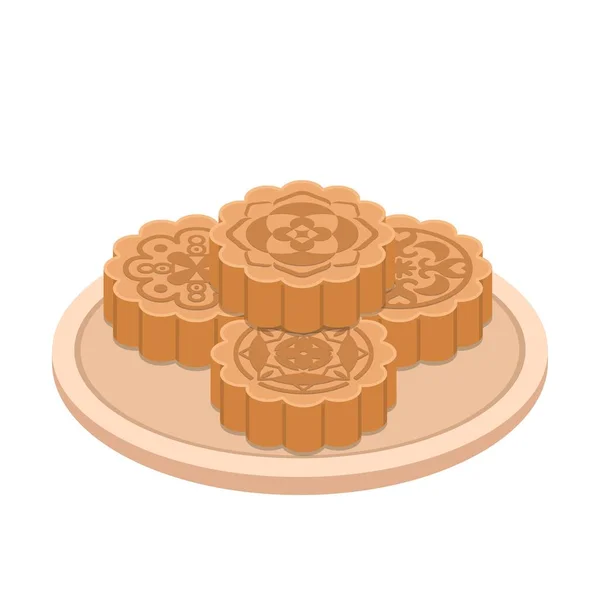 Chinese Moon Cake Plate Food Dessert Illustration Mid Autumn Festival — Stock Vector