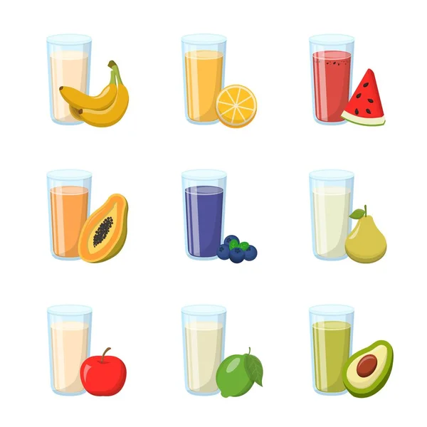 Cartoon Comic Vector Set Fruit Juices Glasses — Stock Vector