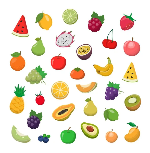 Viele Verschiedene Früchte Comic Ikonen Vektor Set — Stockvektor