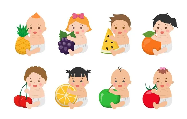 Niedliche Babys Mit Gesundem Gemüse Und Obst Comic Vektor Charaktere — Stockvektor