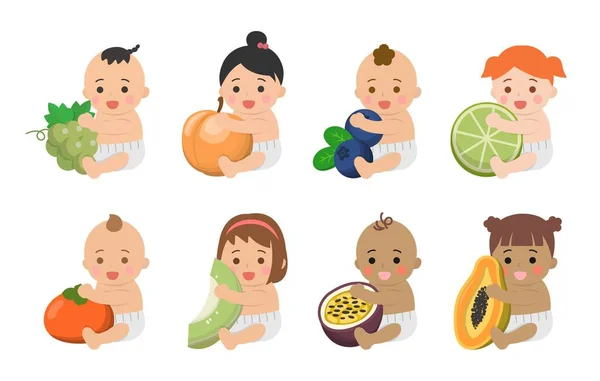 Cute Babies Healthy Vegetables Fruits Comic Cartoon Vector Characters Set — Stock Vector