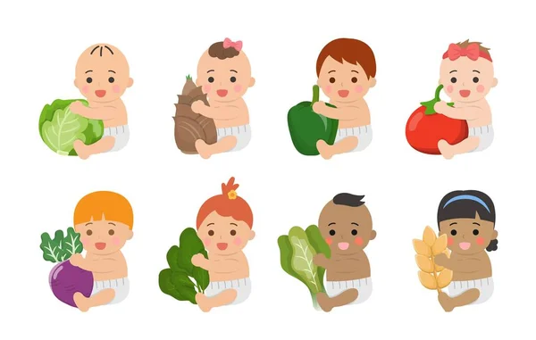 Niedliche Babys Mit Gesundem Gemüse Und Obst Comic Vektor Charaktere — Stockvektor