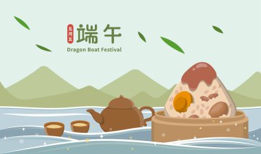 Asya festivali Dragon Boat Festival posteri, zongzi ve çaydanlık, dağ ve deniz, altyazı: