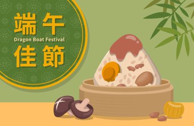 Asya ülkelerindeki festivaller: Ejderha Teknesi Festivali, Zongzi ve Steamers posterleri, altyazı çevirisi: