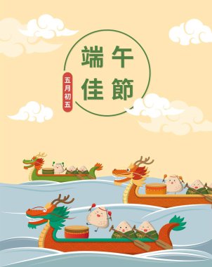 Zongzi Çizgi Film Karakterleri ve Göl 'le Mutlu Ejder Teknesi Festivali Ejderha Teknesi Yarışı Çeviri: