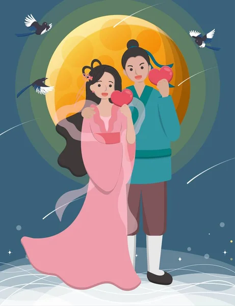 Walentynki Azji Wschodzie Chinach Tanabata Legendarne Postacie Cowherd Weaver Girl — Wektor stockowy