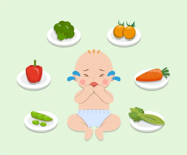 Baby Refuses Eat Fruits Vegetables Kid Refuses Eat Healthy Food — Stock Vector