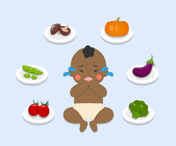 婴儿拒绝吃水果和蔬菜 小孩拒绝吃健康食品 漫画书人物 — 图库矢量图片