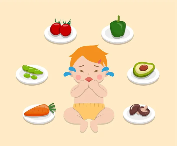 Baby Refuses Eat Fruits Vegetables Kid Refuses Eat Healthy Food — Stock Vector