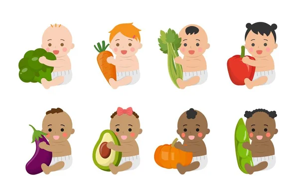 可爱的婴儿与健康的蔬菜和水果 漫画病媒人物设置 — 图库矢量图片