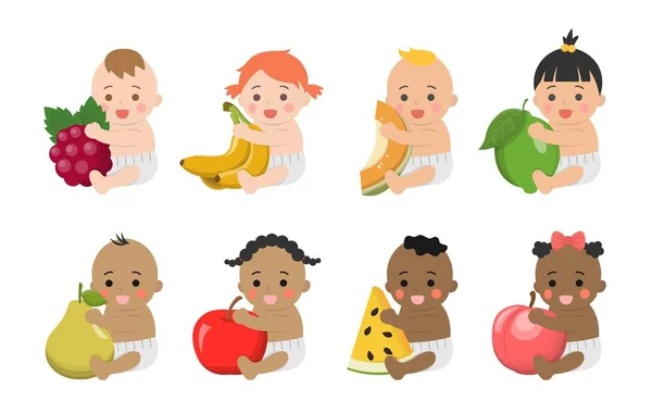 Roztomilé Děti Zdravou Zeleninou Ovocem Komiks Vektorové Postavy Set — Stockový vektor