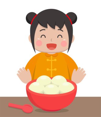 Çin ve Tayvan festivalleri, yapışkan pirinçten yapılmış Asya tatlıları: glüten pirinç topları, sevimli çizgi film karakterleri ve maskotlar, vektör illüstrasyonu
