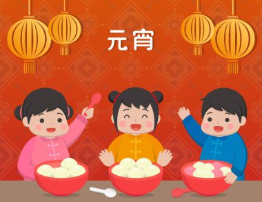 Çin ve Tayvan festivalleri, glutinous pirinçten yapılmış Asya tatlıları: glüten pirinç topları, geleneksel kostümlü çocuklar, vektör karikatür çizimleri