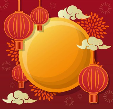 Çin Yeni Yıl veya Fener Festivali için arkaplan desenli tebrik kartı, düz stil tasarımı, dekoratif unsurlar kağıt kesiği ve kabartmalı, coşkulu kırmızı