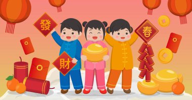 Çin Yeni Yıl kutlama kartı, çizgi film karakterli çocuklar, düz stil tasarımı, dekoratif unsurlar, komik illüstrasyon vektörü