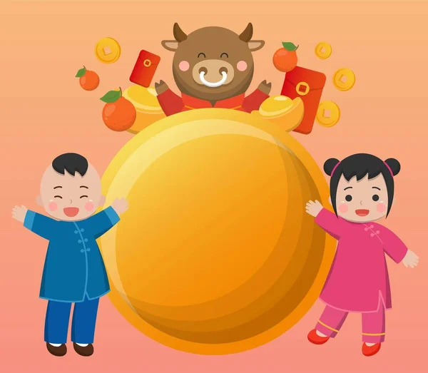中国黄道带孩子的新年 海报和贺卡 卡通人物漫画插图 — 图库矢量图片