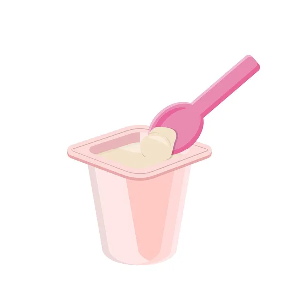 Joghurt Verpackt Rosa Plastikbox Mit Plastiklöffel Comic Illustration — Stockvektor