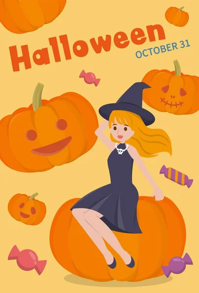 Strega Halloween Con Zucca Illustrazione Vettoriale Del Personaggio Dei Cartoni — Vettoriale Stock