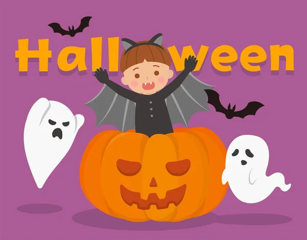 Enfant Mignon Habillé Chauve Souris Halloween Personnage Dessin Animé Illustration — Image vectorielle