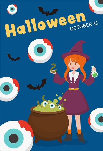 Halloween Heks Met Ketel Met Oogballen Stripfiguur Comic Vector Illustratie — Stockvector